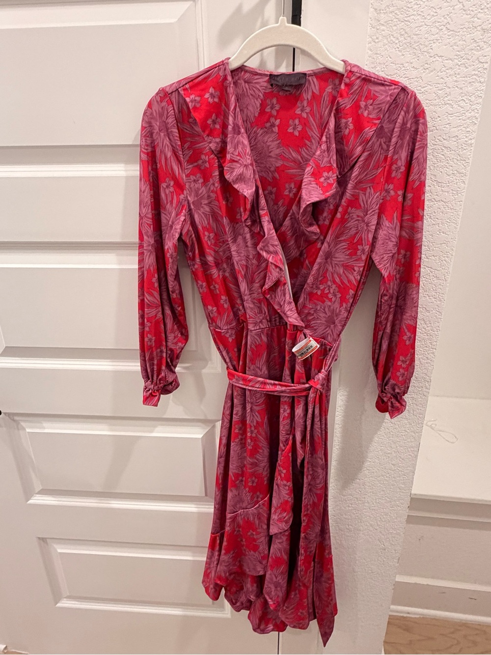 Hale Bob Womens Small Pink Purple Floral Wrap Midi Dress High Low Ruffle Retro